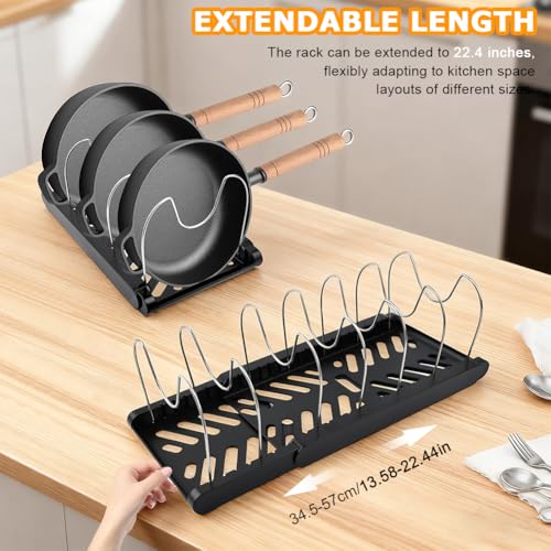 Expandable Pot and Pan Organizer Rack for Kitchen Cabinet or Under Sink,with 10 Adjustable Compartment 13"-23" Adjustable Length for Lids Bakeware Frying Rack and Cookware(COLOR:Black) - color: Black