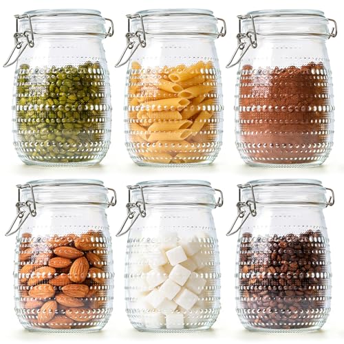 ComSaf 34oz / 6 Pack Glass Food Storage Jars with Airtight Lids, Vintage Hobnail Pattern Wide Mouth Canister Set for Pantry Organization, 1000ml Clear Containers for Coffee, Beans, and Snacks - size: 34oz/6pcs