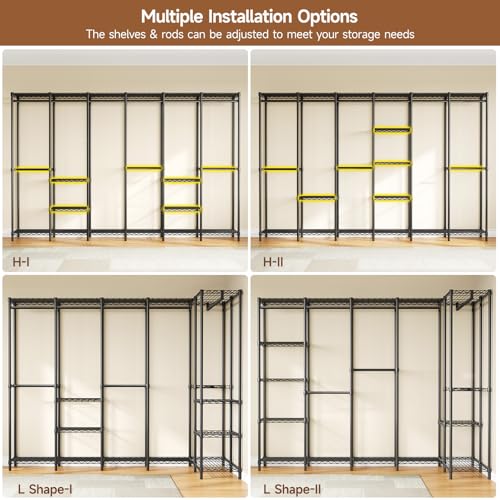ONBRILL F6 Free Standing Industrial Pipe Clothes Rack, Large Heavy Duty Metal Garment Rack, Closet Organizer Storage System with Adjustable Shelves & Hanging Rods, Portable Wardrobe - Black - color: Black