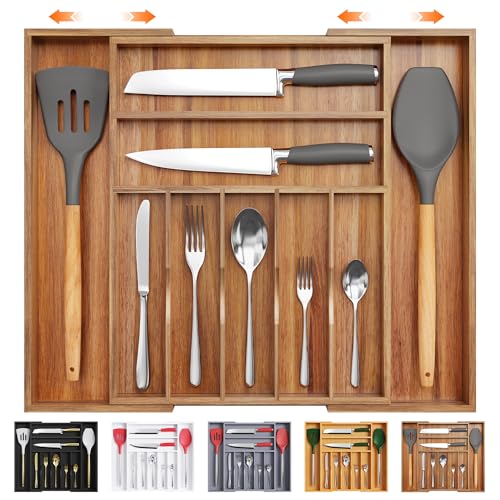 Bellsal Large Premium Acacia Wood Silverware Organizer - Expandable Utensil Drawer Organizer - 17"x19.6" Utensil Holder and Cutlery Tray with Grooved for Kitchen Flatware Utensils(7-9 Slot, Acacia) - color: Acacia, size: 9 Slots Expandable