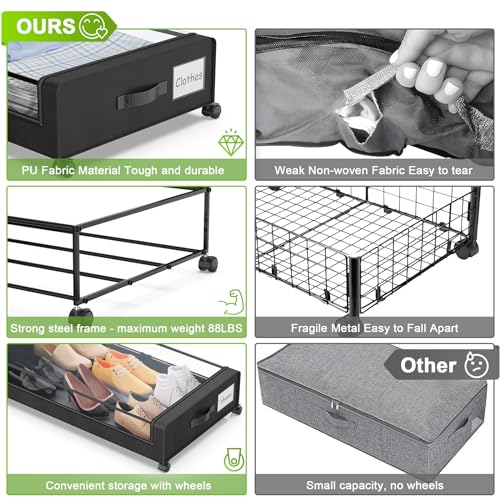 Beborxue Under Bed Storage with Wheels, 2-Pack Under the Bed Storage Containers with Lids, XXL 60L Under Bed Shoes Storage Organizer Bins, Rolling Underbed Storage for Clothes, Shoes, Blankets (Black) - color: 2 Pack-Black