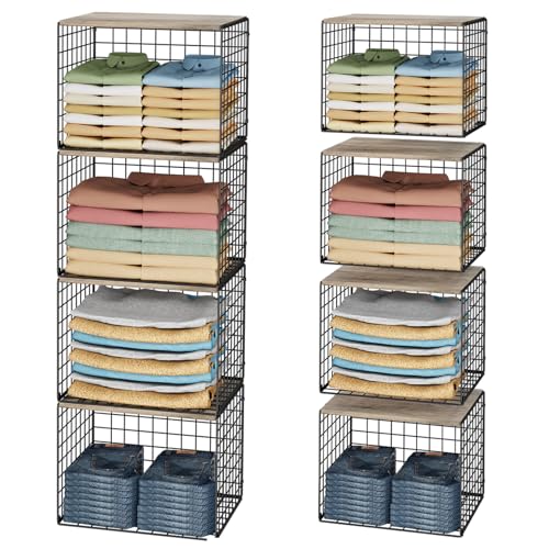 4PCS Wider Closet Organizers and Storage, Stackable Closet Shelf Organizer Storage Bins with Wood Top for Sweaters Jeans, Clothes Organizer Shelves for Wardrobe System Rack, Space-Saving,Sturdy Metal - color: Black, size: 4 Pack
