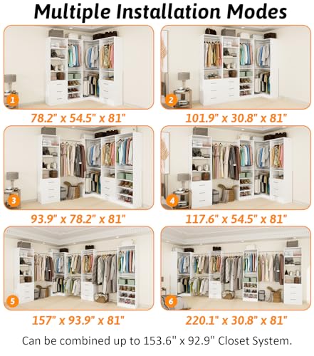 Vomavex Closet System with 4 sets, 101.9" Closet Organizer Systems with 6 Drawers & 8 Hanging Rods & Adjustable Shelves, Walk in Closet Standing Closet System, Corner Closet System Set, White