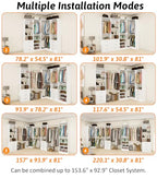 Vomavex Closet System with 4 sets, 101.9" Closet Organizer Systems with 6 Drawers & 8 Hanging Rods & Adjustable Shelves, Walk in Closet Standing Closet System, Corner Closet System Set, White