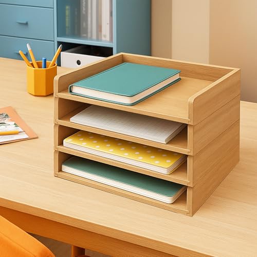 PROLEE Wooden Paper Tray Organizer for Desk, Stackable Paper Holder and Letter Tray, 4-Tier Desktop File Storage Rack for Study,Home and Office (Oak, 14" x 9.5" x 2.5") - color: Oak