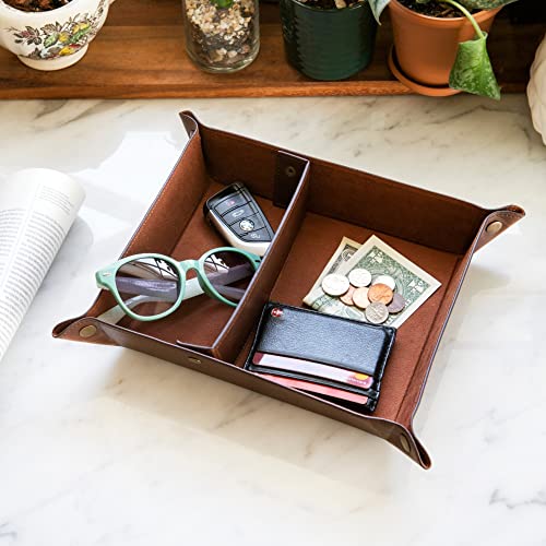 Londo Leather Tray Organizer - Practical Lightweight Water Resistant Computer Table Desk Storage Box for Wallets, Watches, Keys, Coins, Cell Phones and Office Equipment - color: Dark Brown