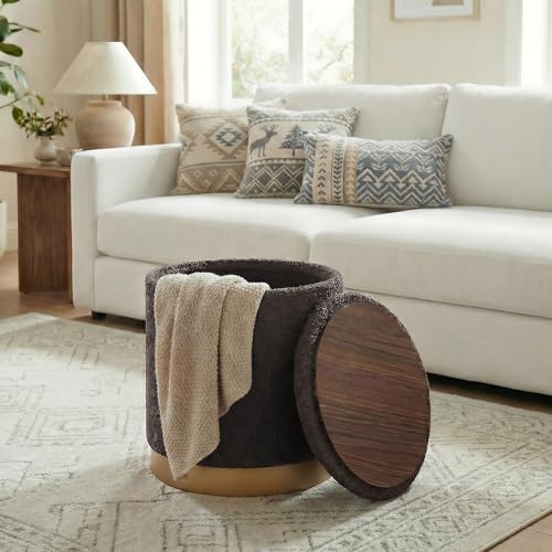 15" Round Storage Ottoman,Boucle Foot Rest/Seating/Storage for Small Space-Living Room/Bedroom/Dorm-Dark Grey - color: Dark Grey