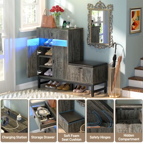 Armocity Shoe Cabinet Storage for Entryway - Freestanding Shoe Rack Bench with LED Lights & Power Outlets, Reversible Shoe Storage Cabinet Organizer with Drawer and Hidden Compartment, Grey Oak - color: Grey