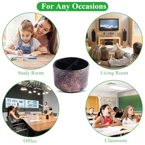 Round Leather Art Supply Organizer,Remote Control Holder,360 Degree Spinning,Multi-Functional Pencil Holder,4 Compartments Desktop Stationary Organizer(1-Rich Flower Gold) - color: 1-Rich Flower Gold