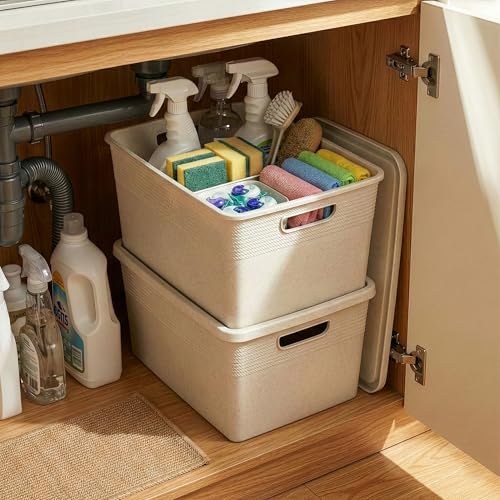 BINO | Plastic Storage Bins with Lids, 22 Liter - 3 Pack, Natural | THE BRAIDED COLLECTION | Plastic Bins for Organization Woven Storage Baskets for Organizing Pantry Shelf Organizer Basket Bin - color: Natural, size: 22L | 3-Pack