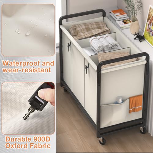 60 Gal (230L) Laundry Sorter 3 Section with Lid, Laundry Hamper Cart with Heavy Duty Rolling Lockable Wheels and Metal Handle,Laundry Basket Organizer with Removable Bag for Laundry Room - White