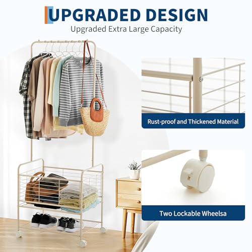 GarveeHome Metal Laundry Cart with Hanging Rack & Storage Shelves | 3 in-1 Rolling Hamper with Wheels for Clothes, Towels and Toys | Space Saving Organizer for Small Apartment/Bathroom