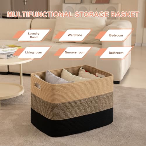 OIAHOMY 108L Super Large Blanket Basket, 25”x16”x16” Rectangle Woven Baskets for Storage, Cotton Rope Basket For Living Room, Toy Storage with Handle - Yellow Black - color: Yellow Black