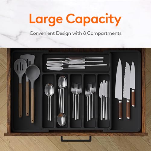 Lifewit Silverware Drawer Organizer, Expandable Utensil Tray for Kitchen, BPA Free Flatware and Cutlery Holder, Adjustable Plastic Storage for Spoons Forks Knives, 13-22 x 15", Black - color: Black, size: XL (13-22''W x 15''D)