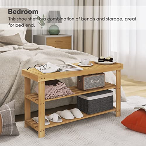 SMIBUY Bamboo Shoe Rack Bench, 3-Tier Shoe Organizer Storage Shelf for Entryway Hallway Bathroom Living Room (Natural) - color: Natural