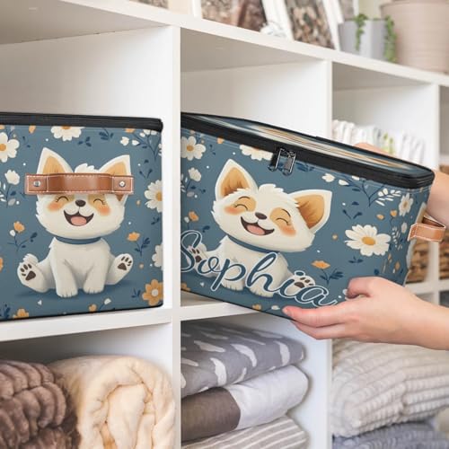 Custom Storage Basket with Name, Personalized Storage Bins with Zipper Lid, Foldable Fabric Storage Box Large capacity with Handle Flower Dog - color: Option 11