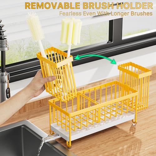 Cisily Sponge Holder for Kitchen Sink, Sink Caddy Organizer with High Brush Holder, Kitchen Countertop Organizers, 304 Stainless Steel, Lemon Yellow Kitchen Decor and Accessories - color: Yellow