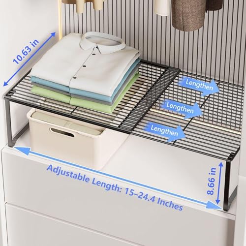 Extendable Metal Wire Shelf Organizer - Adjustable 15-24.4in Length, Stackable Storage Rack for Kitchen/Pantry/Bathroom/Shoe Cabinet/Tool Closet (2,Black) - color: Black, size: 2 Pack
