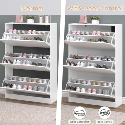 BORNOON Shoe Cabinet with Odor Control and Back Panels, Deodorizing Slim 3-Flip Shoe Storage Cabinet for Entryway, Freestanding Hidden Shoe Rack Organizer for Entrance, Hallway, Bedroom - color: White, size: Deodorizing 3-Flip