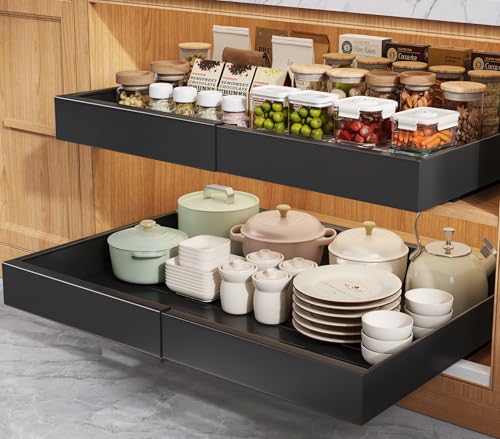 Seinloes 2 Pack Pull Out Cabinet Organizers 21" Deep With Raising Pad for Framed Cabinets, Expandable Width (15.2"-26.3") Slide Out Drawers Upgrade 3 Slide Rails, Roll Out Shelves Adhesive, Black - color: Black, size: 15.2"-26.3"Wide x 21"Deep(2 Pack)