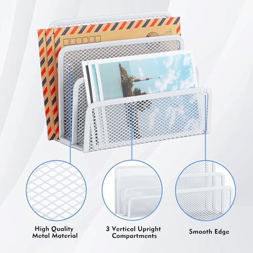 EASEPRES Desk Mail Organizer, Office Small Desktop Metal Mesh Envelope Letter Sorter Paper File Holder Organizer with 3 Vertical Upright Compartments, White 2 Pack - color: White, size: 2 Pack