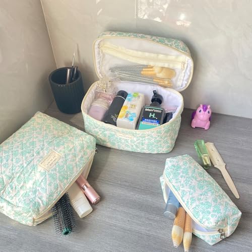 Green Large Quilted Floral Makeup Bag Set of 3 Cute Coquette Aesthetic Cosmetic Bag Set Travel Toiletry Bag for Women - color: B-3Pcs Green