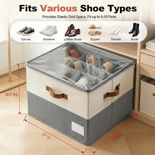 Shoe Organizer for Closet, Foldable Shoe Rack with Clear Cover, Adjustable Dividers for 16 Pairs, Storage Cubby for Wardrobe, Beige & Grey - color: Beige & Grey