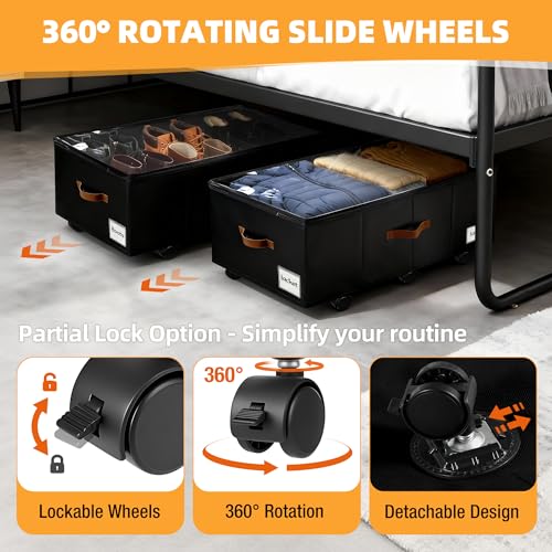 Under Bed Storage with Wheels,Underbed Storage with Sturdy Sidewalls/Bottom, Clear Cover, Label and PU Handle, Rolling Under Bed Drawers for Clothes, Shoes, 11 Inch Height,Black, 2 Pack - color: Black 2 Pack, size: 11 inch