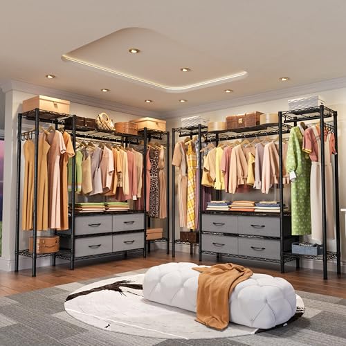 Golpart Heavy Duty Garment Rack Clothes Rack,Large Metal Closet Organizer System Storage Wardrobe,Freestanding Clothing Rack with 8 Adjustable Wire Shelves&3 Hang Rods,MaxLoad 900lbs - color: Black, size: 15.75"D x 61"W x 76.5"H