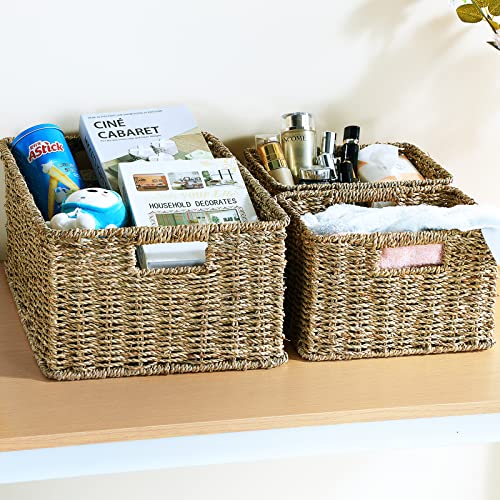 HOONEX Large Wicker Baskets for Storage, Seagrass Baskets with Dual Handles, Woven Baskets for Storage, Set of 3, Natural - color: Natural (Seagrass), size: 17"D x 12.2"W x 7.5"H