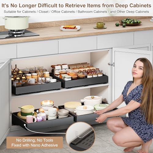 Pull out Cabinet Organizer,Expandable Width(11"-16"),Depth(17"-24") with 3 Rails,Roll out Drawers,No Drill Adjustable Slide out Shelves for Kitchen,Pantry,for Both Lip and Lip-Free Cabinets,Black(1PC) - color: Black, size: (11"W-16"W)X(17"D-24"D)