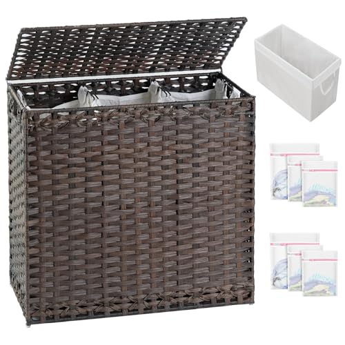 SETVSON Laundry Hamper with Lid Laundry Basket 132 L (35 Gal) Wicker Clothes Hamper, Handwoven Rattan Hamper with Handles and 4 Removable Liner Bags, 6 Mesh Bags for Laundry Bedroom Brown - color: Brown, size: 35.0 Gal