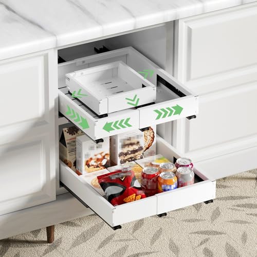 2 Pack Pull out Cabinet Organizer, Width (10"-15") Depth (11"-17"), with 3 Rails Adjustable Slide, Expandable Drawers for Cabinets, No Drill Adhesive Kitchen Drawers for Pantry Shelves white - color: #3 White 2 pack, size: 10"-15"W x 11"-17"D (2Pack White
