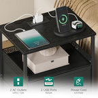 JARHETUN Nightstand Set of 2, Night Stands with Charging Station, 26.4 Inch Tall Bedside Table with Metal Shelf, Modern Side End Table with 3 Fabirc Drawers, Small Dresser for Bedroom, Black - color: Black, style: Power