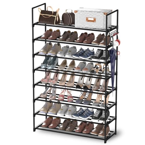 Hsscblet 8 Tiers Metal Shoe Rack,Adjustable Shoe Shelf Storage Organizer with Hooks,Stackable Boot & Shoe Storage,for Entryway,Hallway,Closet,Black - size: 8-Tier