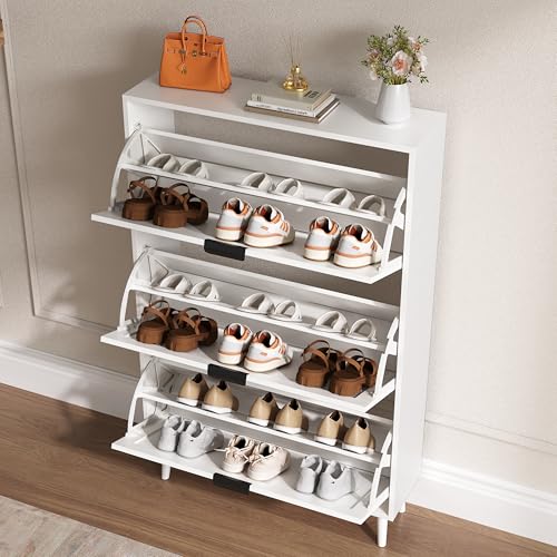 BORNOON Shoe Cabinet for Entryway with 3 Flip Drawers, Slim Wooden Shoe Storage Organizer with Modern Fluted Pannel，Freestanding Narrow Hidden Shoe Rack for Hallway, Foyer, Living Room - color: White, size: 3 Flip Drawers