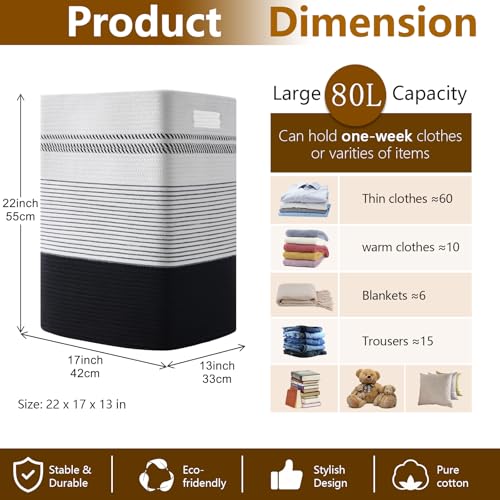 80L Large Cotton Rope Laundry Basket for Bedroom & Laundry Room, Tall Clothes Hamper with Sturdy Handles, Neutral Storage Bin Capable of Holding Blankets and Toys - color: Black& White, size: 80L