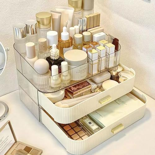 MIUOPUR Makeup Organizer with Stackable Drawers, Bathroom Vanity Organizers and Storage, Ideal for Desk and Dresser Countertops, Great for Cosmetics, Skincare, Lipsticks, Nail Care - Cream - color: Cream, size: Tray and Drawer