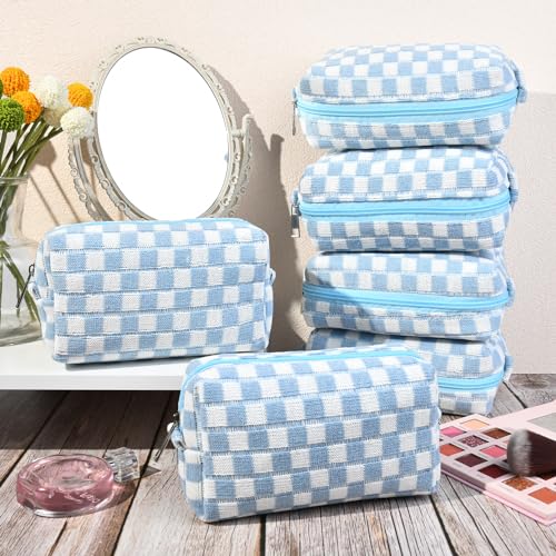 SOIDRAM Checkered Makeup Bag Preppy Cosmetic Bag Bulk Blue Makeup Pouch Personalize Travel Toiletry Bag Organizer Cute DIY Makeup Brushes Storage Bag for Women - color: Light Blue, size: 6 Pack