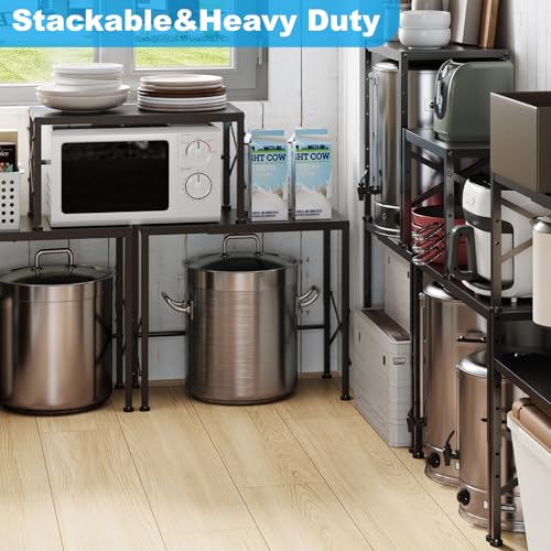 Expandable Pantry Shelves, 17-28 Inch Adjustable Kitchen Storage Shelf Organizer, 6-Level Height Heavy Duty Metal Shelving Unit 110LBS Capacity, for Cabinet Countertop Spice Rack, Black
