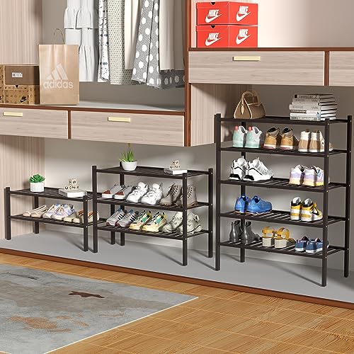 ROMGUAR CRAFT 4 Tier Bamboo Shoe Rack for Closet Free Standing Wood Shoe Shelf for Entryway Small Space Stackable 27"x11"x26" (Brown) - color: Brown, size: 4 tier