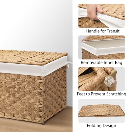 Wicker Storage Basket with Lid, 52.8 Gallon (200L) Large Blanket Basket with Lid, Woven Storage Bin with Handles, Removable Liner, Metal Frame, Foldable, for Bedroom, Laundry Room, Natural - color: Natural, size: 200L:19.7 x 31.5 x 19.7 Inches