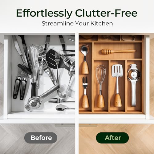 Carbonized Bamboo Kitchen Drawer Organizer, 8 Slots Silverware Organizer, Utensil Holder & Cutlery Tray, 2.2" Deep for Extra Capacity, Non-Slip Feet Included - size: 8 Slots