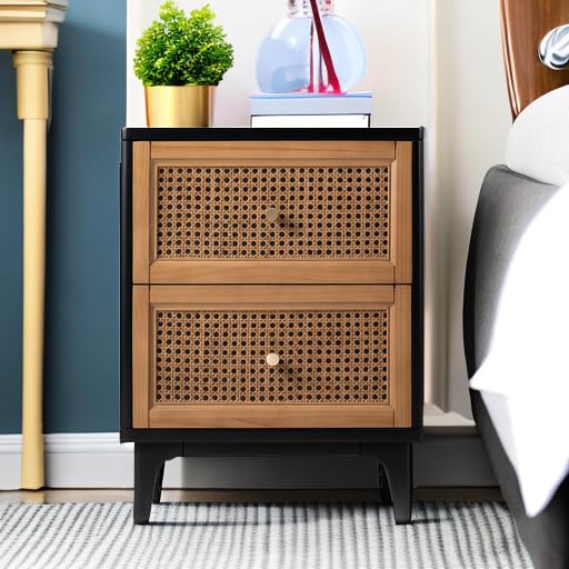 COZAYH 2 Drawer Bedroom Nightstand, Boho Farmhouse Bedside Table - Accent Table Stand with Drawer Organizer Storage and Weave Pattern Front, Black - color: Black, style: 2 Drawer/1 pack
