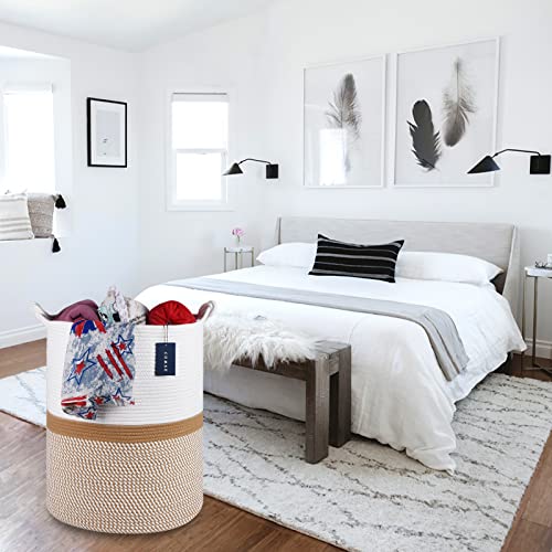 COMSE Extra Large Blanket Basket, Tall Woven Storage Basket, Nursery Hamper, 15.7”x 21.7”, Cotton Rope Laundry Hamper for Toys Clothes Towels, Blend White/Camel - color: Blend White & Camel