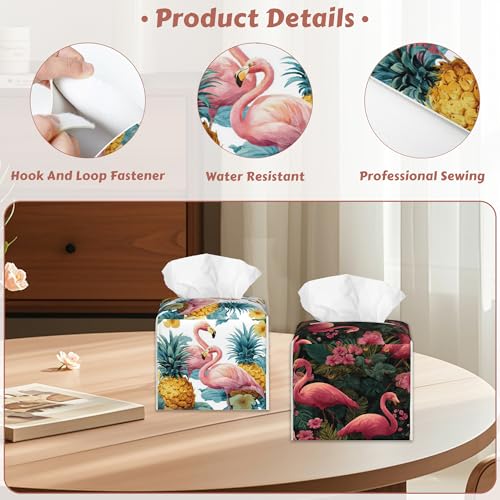 2 Pcs Flamingo Palm Leaf Tissue Box Cover Leather Tissue Box Holder Square Facial Paper Organizer Dispenser for Bedroom Dresser Night Stand Office Desk - color: Flamingo Palm Leaf