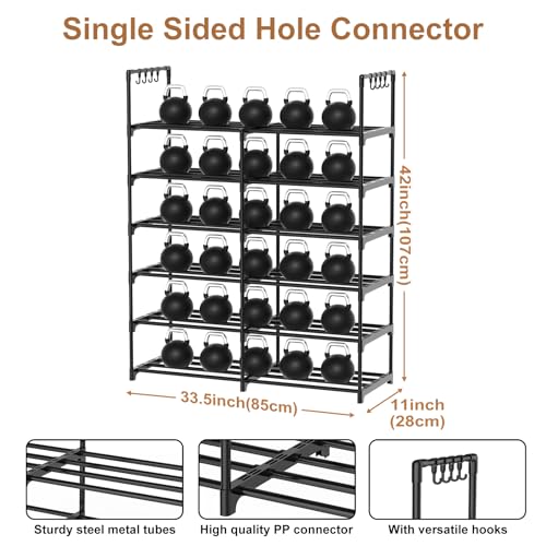 2-Row 6-Tier Stackable Shoe Rack, Black Metal Shoe Shelf with Multifunctional Hooks, Hold 24-30 Pairs, Space Saving Shoes Organizer for Closet,Show Rack - size: 2 Row 6 Tier