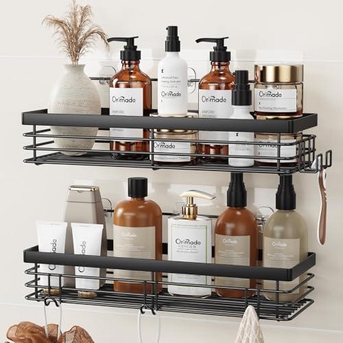 Orimade Shower Caddy with 5 Hooks for Hanging Razor and Sponge Adhesive Shower Shelf Basket Bathroom Storage Organizer Kitchen Rack No Drilling Stainless Steel Rustproof - 2 Pack,Black - color: Black - 2 Pack