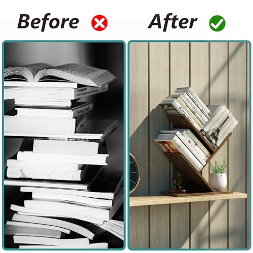 R RUISHENG 3 Tier Small Tree Bookshelf Desk Book Organizer Narrow Bookcases for Books Magazines CDs Free Standing Retro Wooden Storage Shelves for Home Office Bedroom Living Room Rustic Brown - color: Rustic Brown