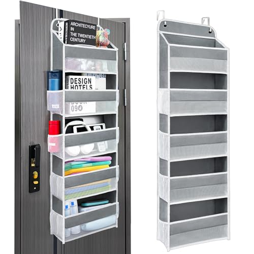 Sturdiness Over The Door Organizer, 5 Shelves & 8 Side Pockets,Anti Tilt Hanging Behind Door Storage, Heavy-Duty Reinforced Mesh Rack Holds 44lb for Bathroom,Pantry, Nursery,Closet, Shoes, Towels - color: Grey, size: 5 shelf